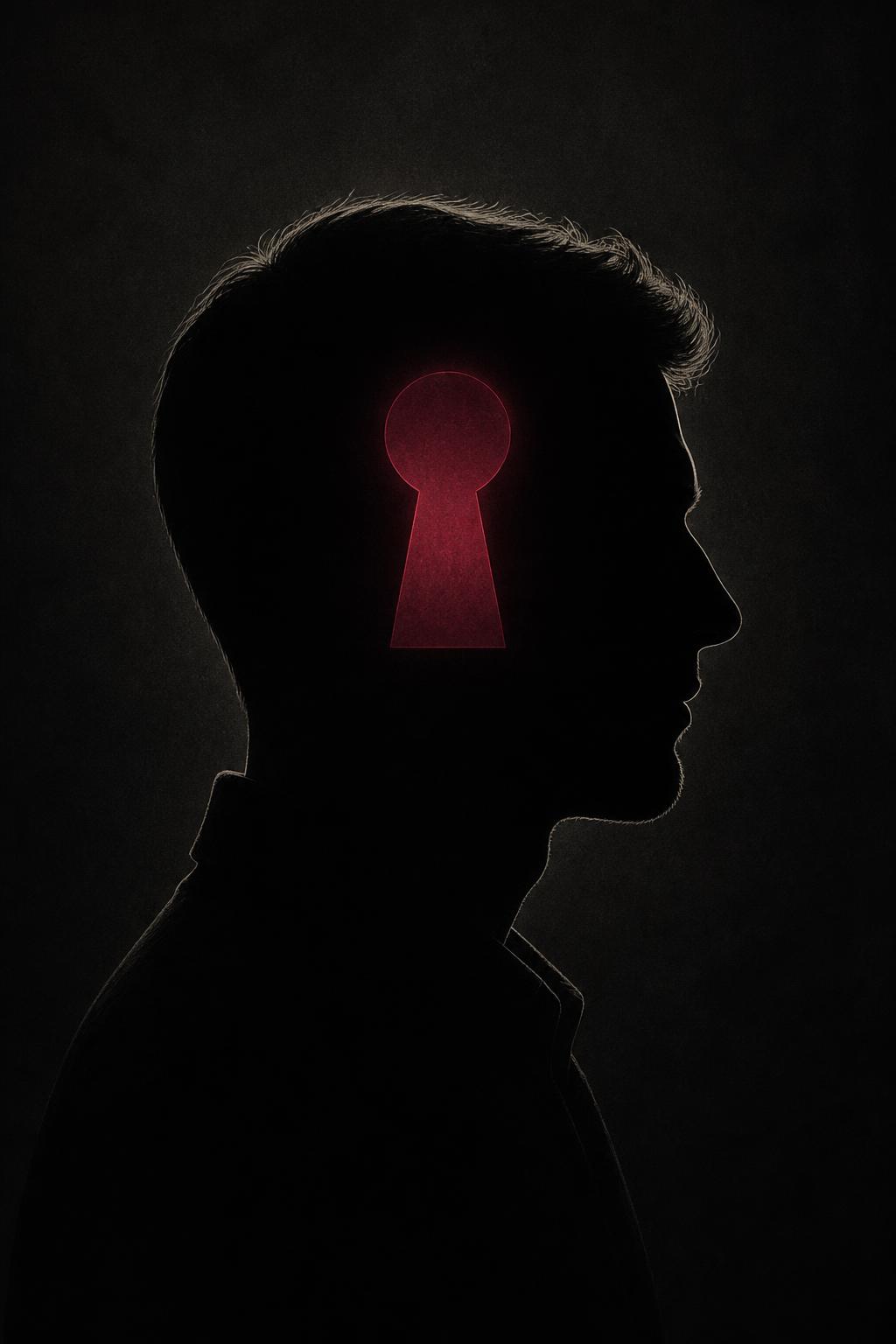 Cover of How He Really Thinks: a black silhouette of a man's head in profile with a glowing burgundy keyhole
